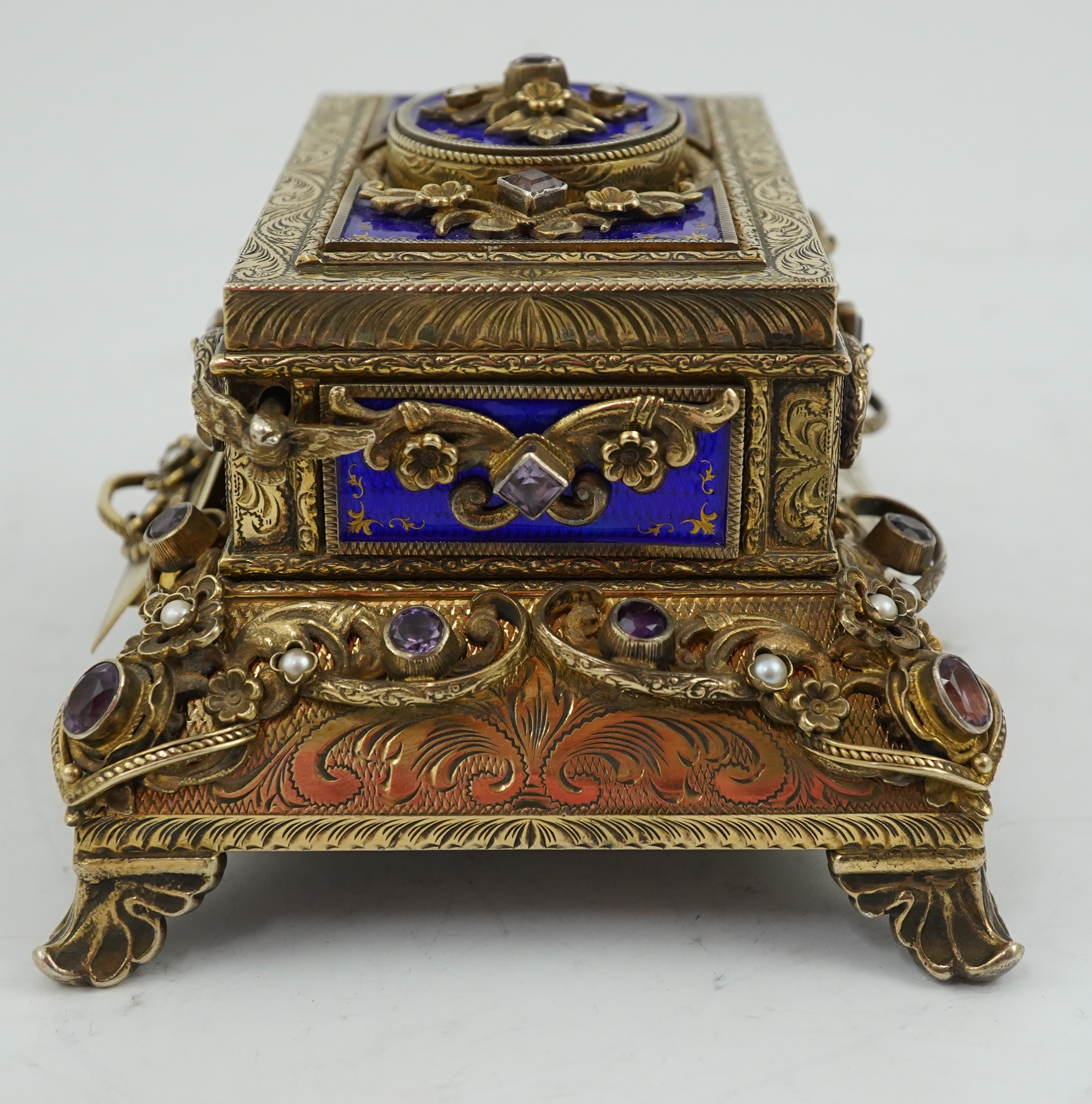 A late Karl Griesbaum Model 17 silver gilt, blue enamel, amethyst and cultured pearl set automaton singing bird box